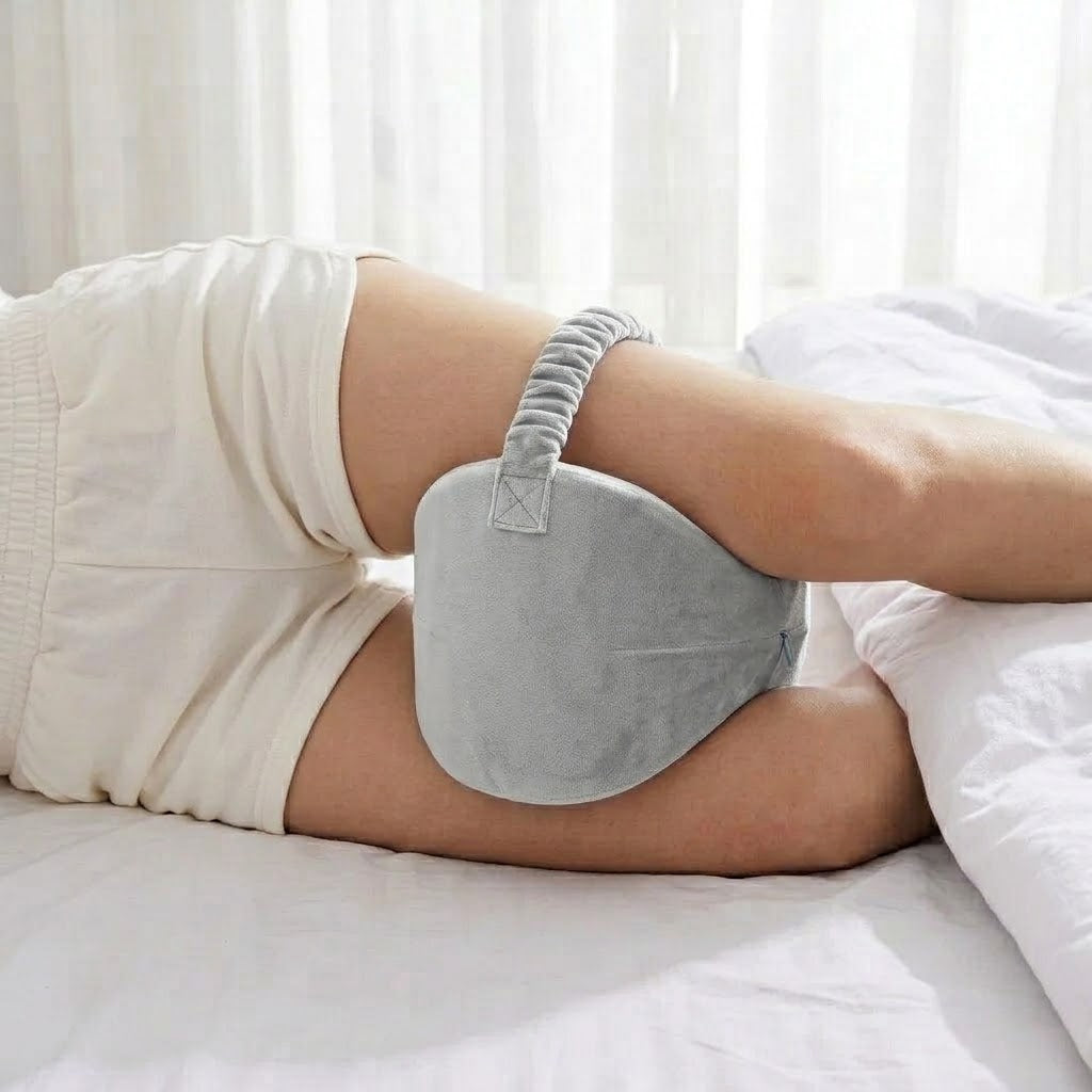 Gray Sidewell knee pillow strapped between a side sleeper's knees