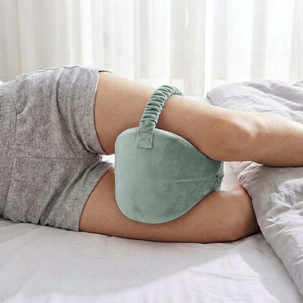 Sage Sidewell knee pillow strapped between a side sleeper's knees